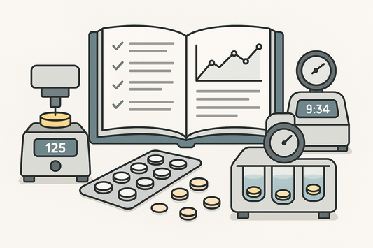 A flat-style illustration of a pharmaceutical QC lab, showing an open logbook with charts in the center, surrounded by tablet testing instruments for hardness, friability, and disintegration, with tablets scattered in the foreground.