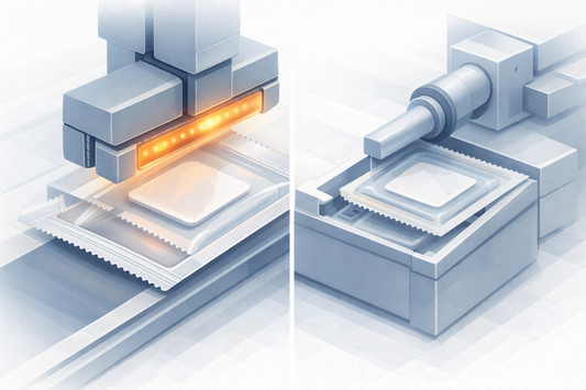 Close-up isometric illustration of ODF film strips being heat-cut and sealed into inner pouches, then push-fed into outer moisture-barrier packs, highlighting end-of-line packaging and moisture protection.