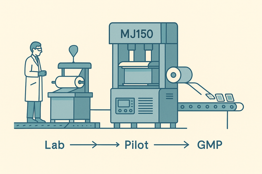 Flat-style illustration comparing two industrial film coating machines for ODF and transdermal patches, highlighting differences in scale and configuration