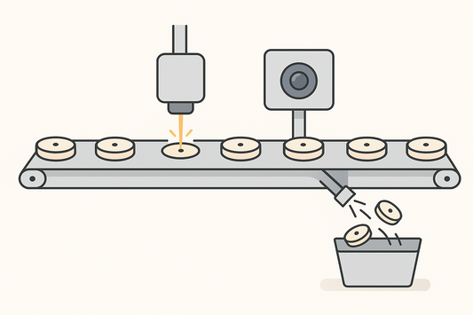 Flat-style illustration of an automated laser drilling line for osmotic tablets, with a conveyor belt, laser head, vision camera, and reject chute removing off-spec tablets into a bin.