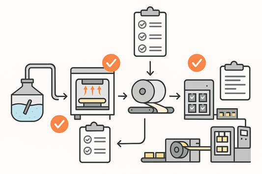 Flat illustration of a complete ODF production line from solution preparation to coating, drying, slitting and packaging, with checklists indicating validation steps.