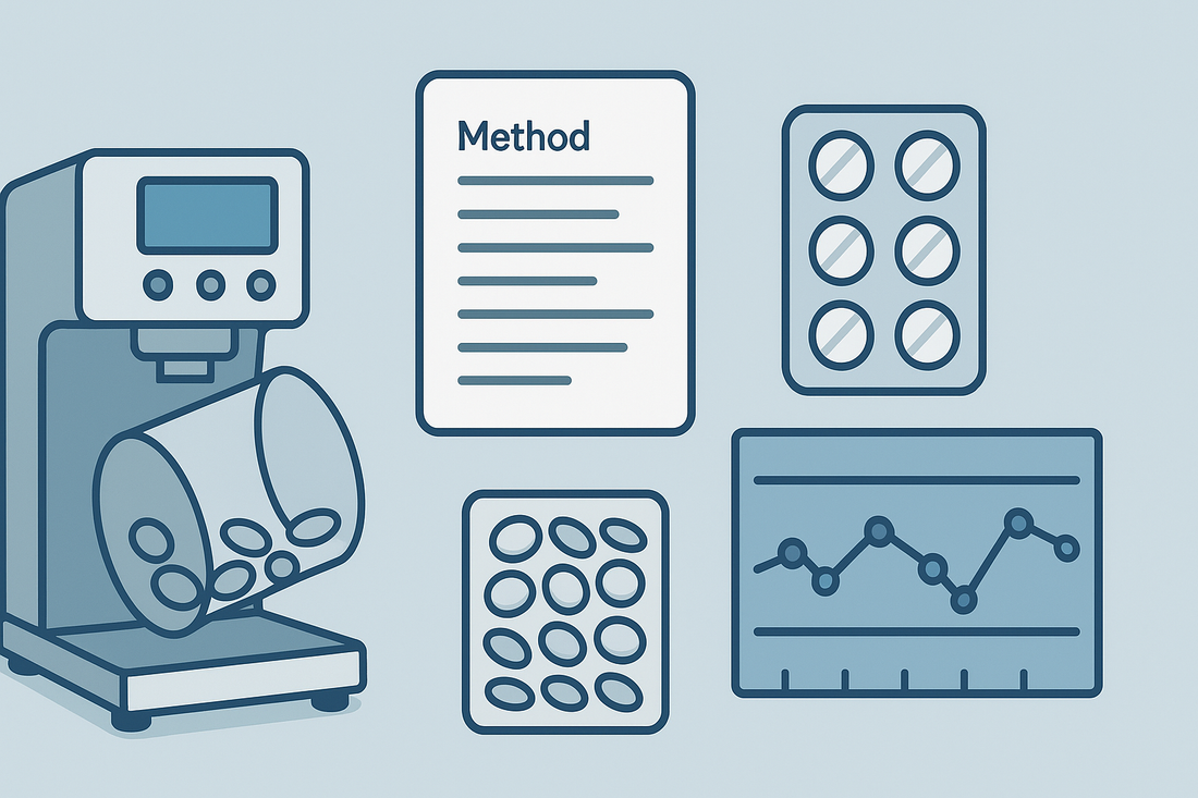 Flat infographic showing a tablet friability tester, method card, sampling plan, and control chart for trend analysis