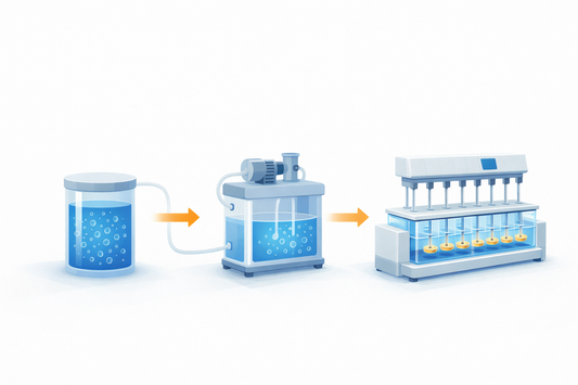 illustration of an HTQ 1A-style vacuum degasser next to a multi-channel dissolution tester with several vessels in a water bath, representing degassing and high-throughput dissolution testing in a pharma lab.