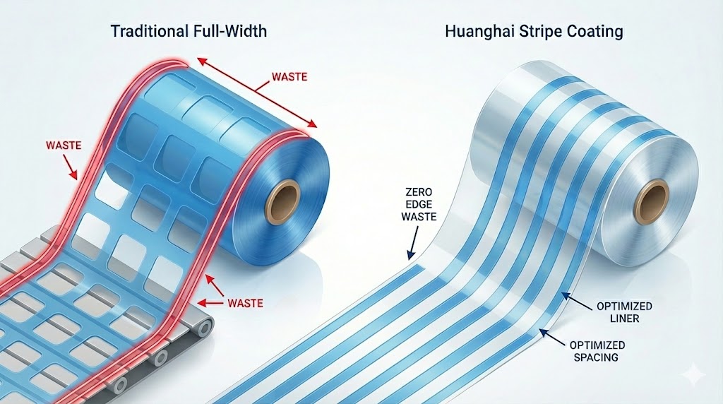 Huanghai Stripe Coating vs. Traditional Method: 3D infographic comparing traditional full-width film with square punch-out waste against Huanghai's 6-stripe precision coating with zero edge waste for pharmaceutical manufacturing.