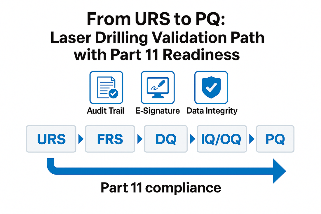 Infographic illustrating the laser drilling validation process from URS to PQ, showing Part 11 compliance steps such as audit trail, e-signature, and data integration.