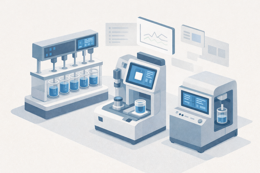 Isometric illustration of a modern pharmaceutical QC lab showing a dissolution tester, a multi-purpose tablet tester and a vacuum degasser with digital data screens