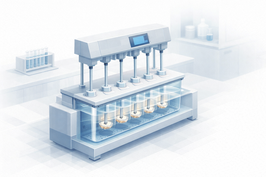 Isometric illustration of a pharmaceutical dissolution tester with multiple vessels and paddles in a water bath, representing dissolution testing for tablets and capsules