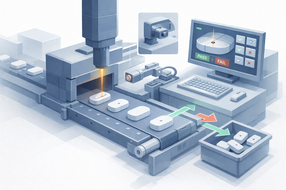 Isometric illustration of an automated laser drilling line for osmotic pump tablets, showing tablets on a conveyor under a laser head with vision inspection and pass/fail sorting into separate bins.
