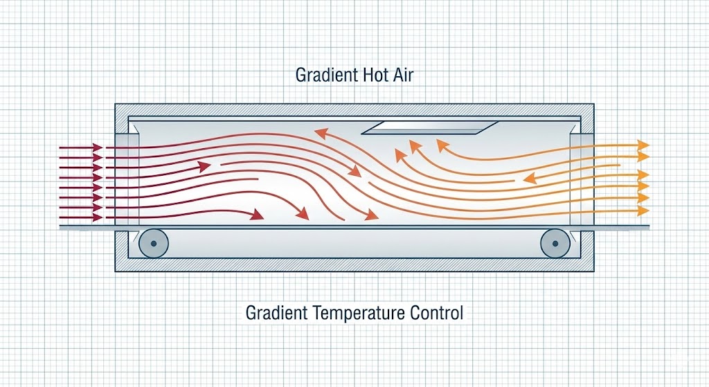 Schematic Overlay / Infographic Style. Concept Rationale: To illustrate the "Gradient Hot Air" vs. "Static Oven" concept.