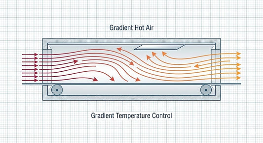 Schematic Overlay / Infographic Style. Concept Rationale: To illustrate the "Gradient Hot Air" vs. "Static Oven" concept.