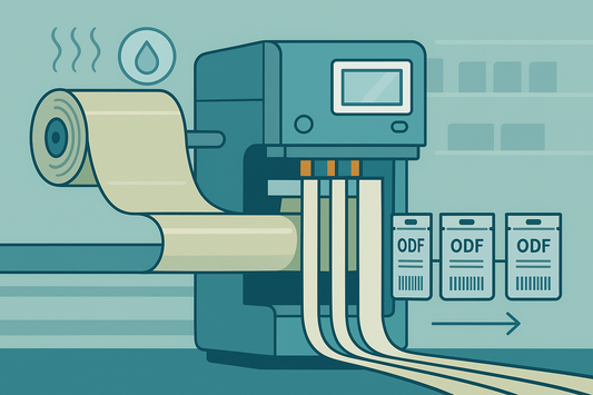 Flat-style illustration of an ODF packaging line with film slitting, sachet sealing, and finished pouches representing the MJF180 process.