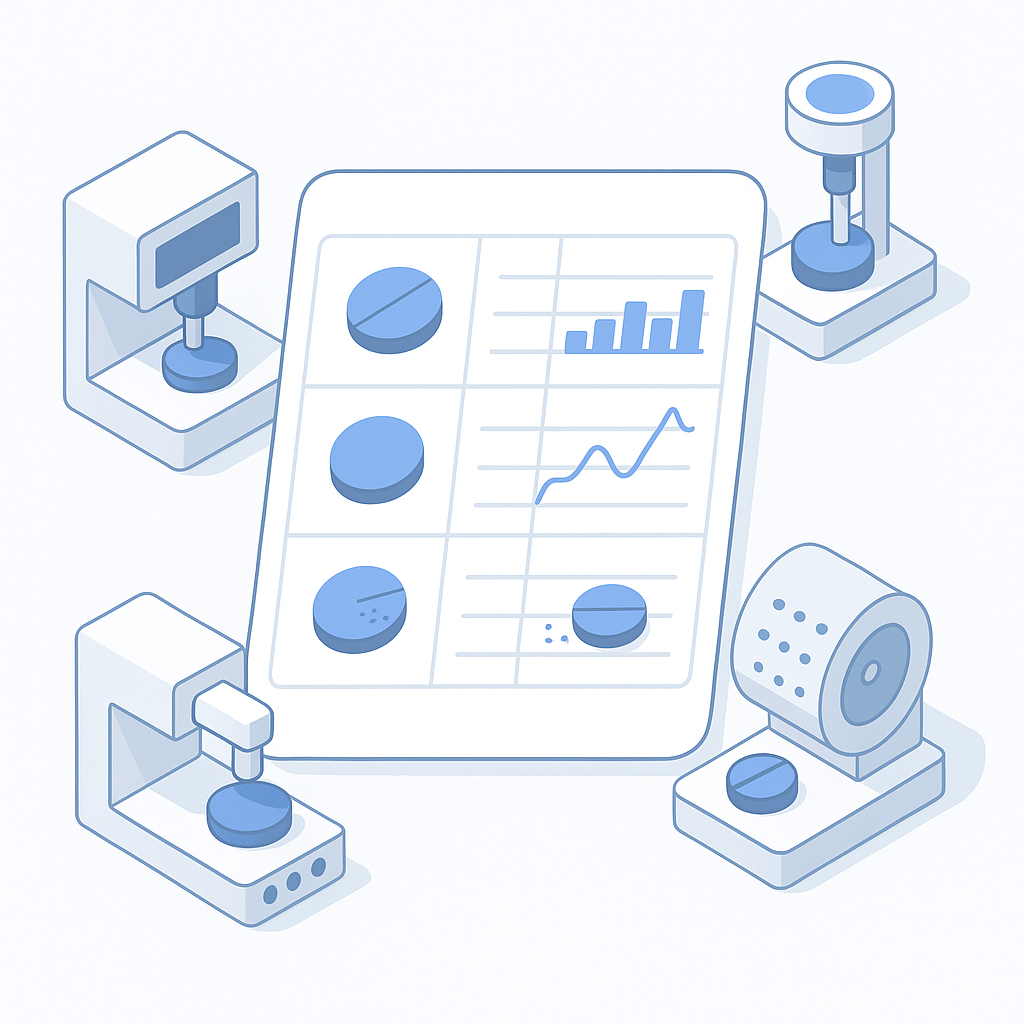 Unified tablet physical testing logbook dashboard showing weight, hardness, friability and disintegration results
