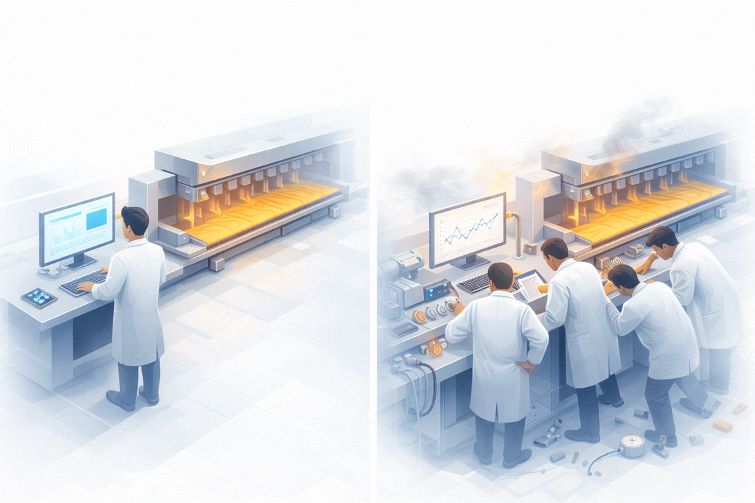 comparing two ODF production lines: one running smoothly with a single engineer monitoring stable data, and another with multiple engineers troubleshooting an unstable line