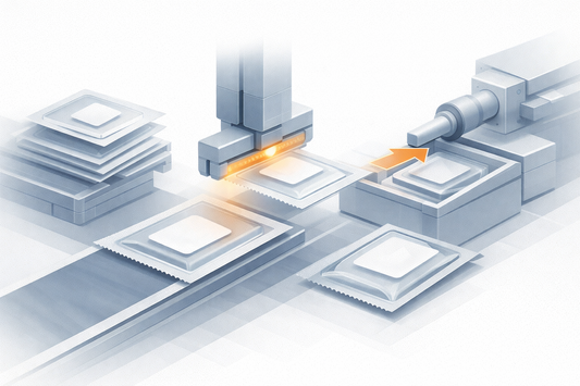 illustration of an automated ODF packaging line showing film strips being cut, sealed into inner pouches and push-fed into outer moisture-barrier packs