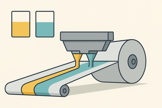 Flat-style illustration showing multi-formula stripe coating on a continuous film roll, with two liquid formulations forming parallel stripes to represent ODF manufacturing.